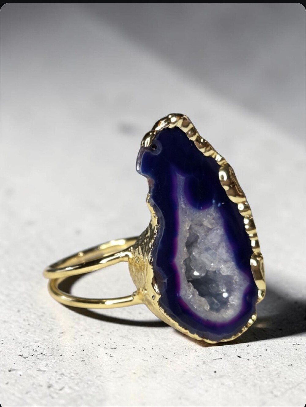 18k Gold Plated Artisan Genuine Deep Purple Agate Sugar Geode Druzy Ring - Picture 2 of 7